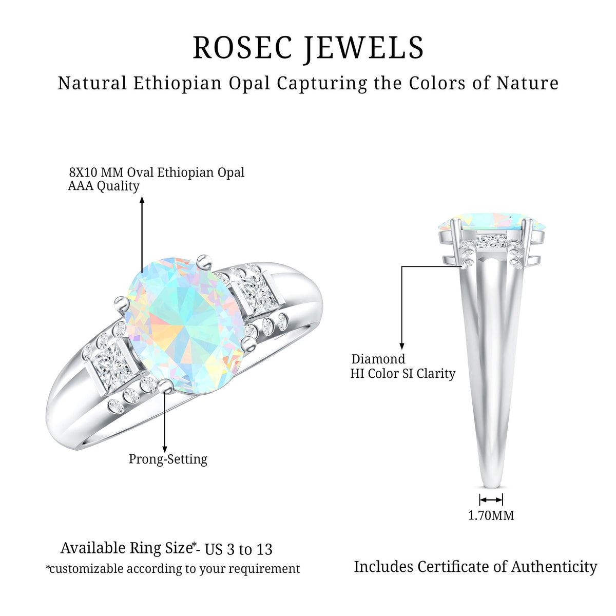 Ethiopian opal engagement ring with 1.3 carats and diamond accents, featuring an oblong shape and rose gold setting.
