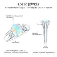 Ethiopian opal engagement ring with 1.3 carats and diamond accents, featuring an oblong shape and rose gold setting.