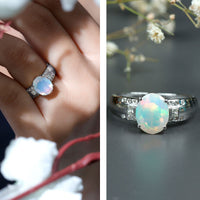 Ethiopian opal engagement ring with an oblong shape and diamond accents, crafted by Rosec Jewels.