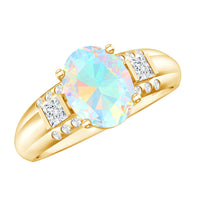 Ethiopian opal oblong engagement ring with diamond accents by Rosec Jewels, featuring a 1.3-carat colorful stone and elegant band.