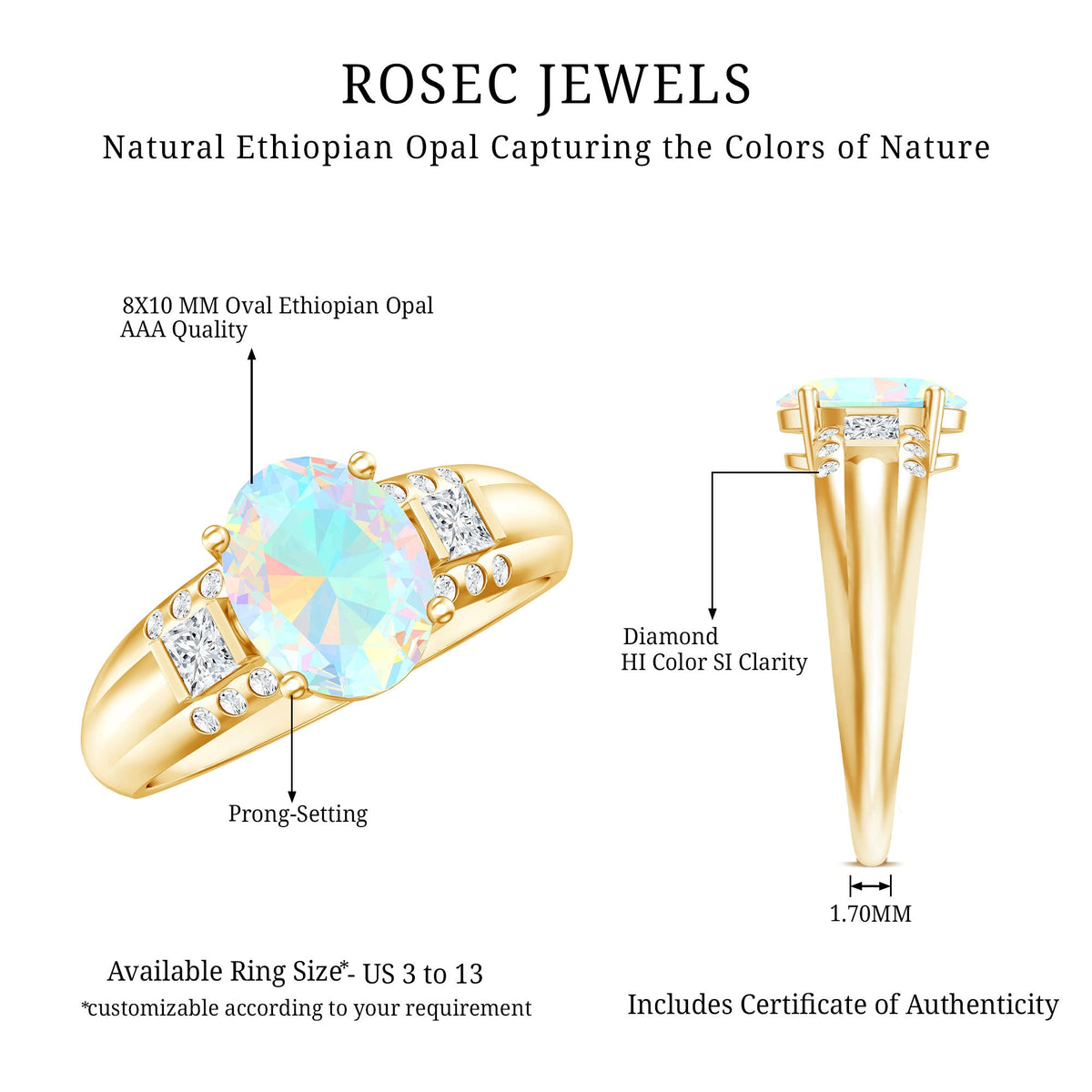 Ethiopian opal oblong engagement ring with diamond accents from Rosec Jewels, showcasing the elegant gemstone and intricate band design.