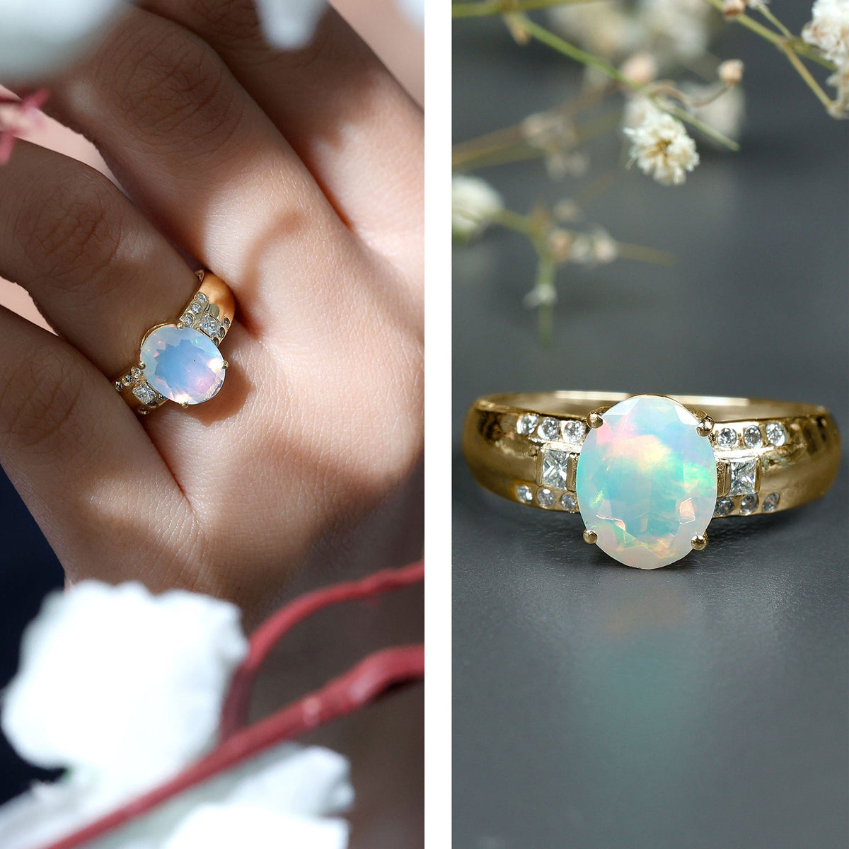 Ethiopian opal engagement ring with an oblong shape and diamond accents from Rosec Jewels, showcasing the elegant ring design.