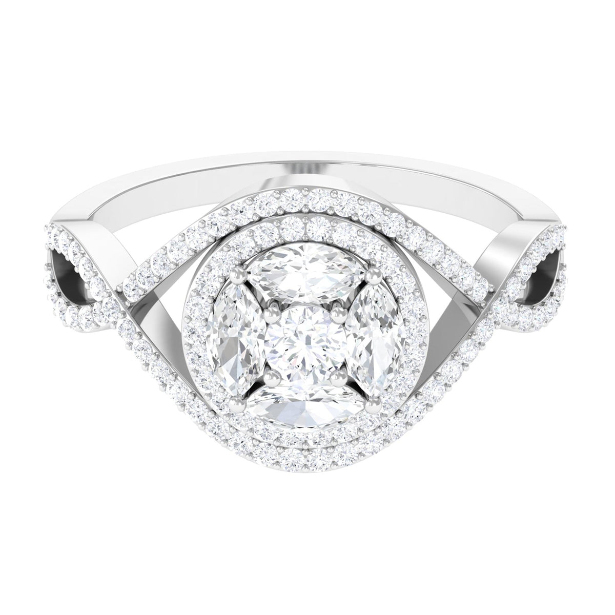 Criss cross zircon cluster engagement ring by Rosec Jewels featuring sparkling zircon stones in a detailed ring setting.