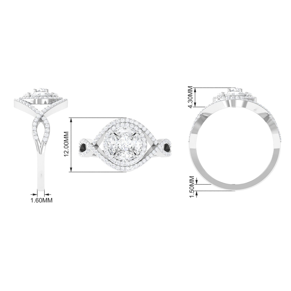Criss cross zircon cluster engagement ring by Rosec Jewels featuring sparkling stones and intricate band design.