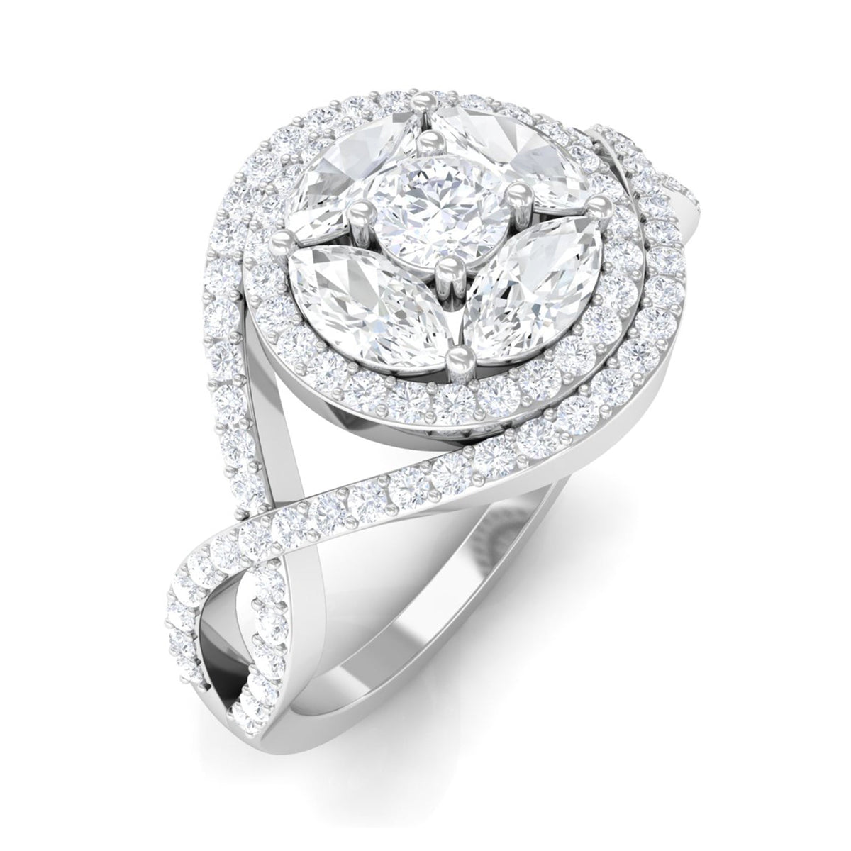 Rosec Jewels criss cross zircon cluster engagement ring with sparkling gemstones and intricate band design.