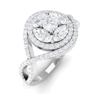 Rosec Jewels criss cross zircon cluster engagement ring with sparkling gemstones and intricate band design.