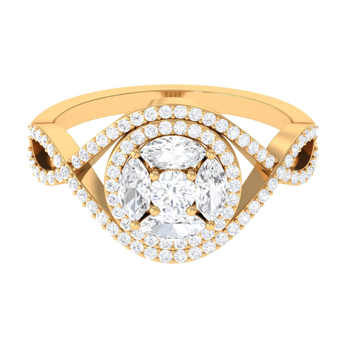 Rosec Jewels criss cross zircon cluster engagement ring with sparkling gemstone details and intricate band design.