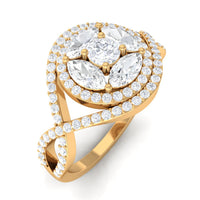 Rosec Jewels criss cross zircon cluster engagement ring with sparkling stones and intricate design, displayed on a white background.