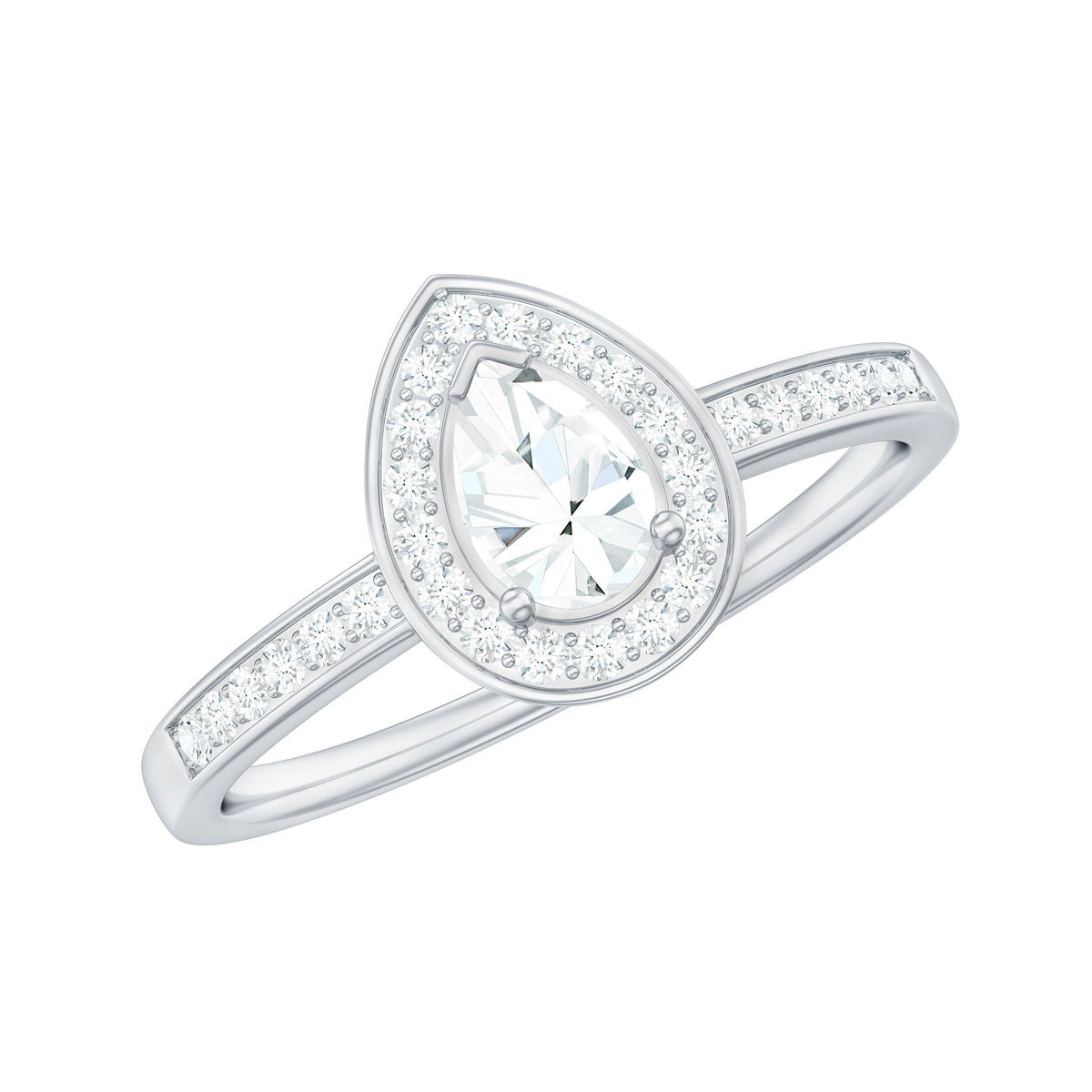 Rosec Jewels zircon teardrop halo engagement ring with silver band and sparkling central teardrop-shaped zircon gemstone.