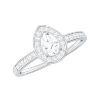 Rosec Jewels zircon teardrop halo engagement ring with silver band and sparkling central teardrop-shaped zircon gemstone.
