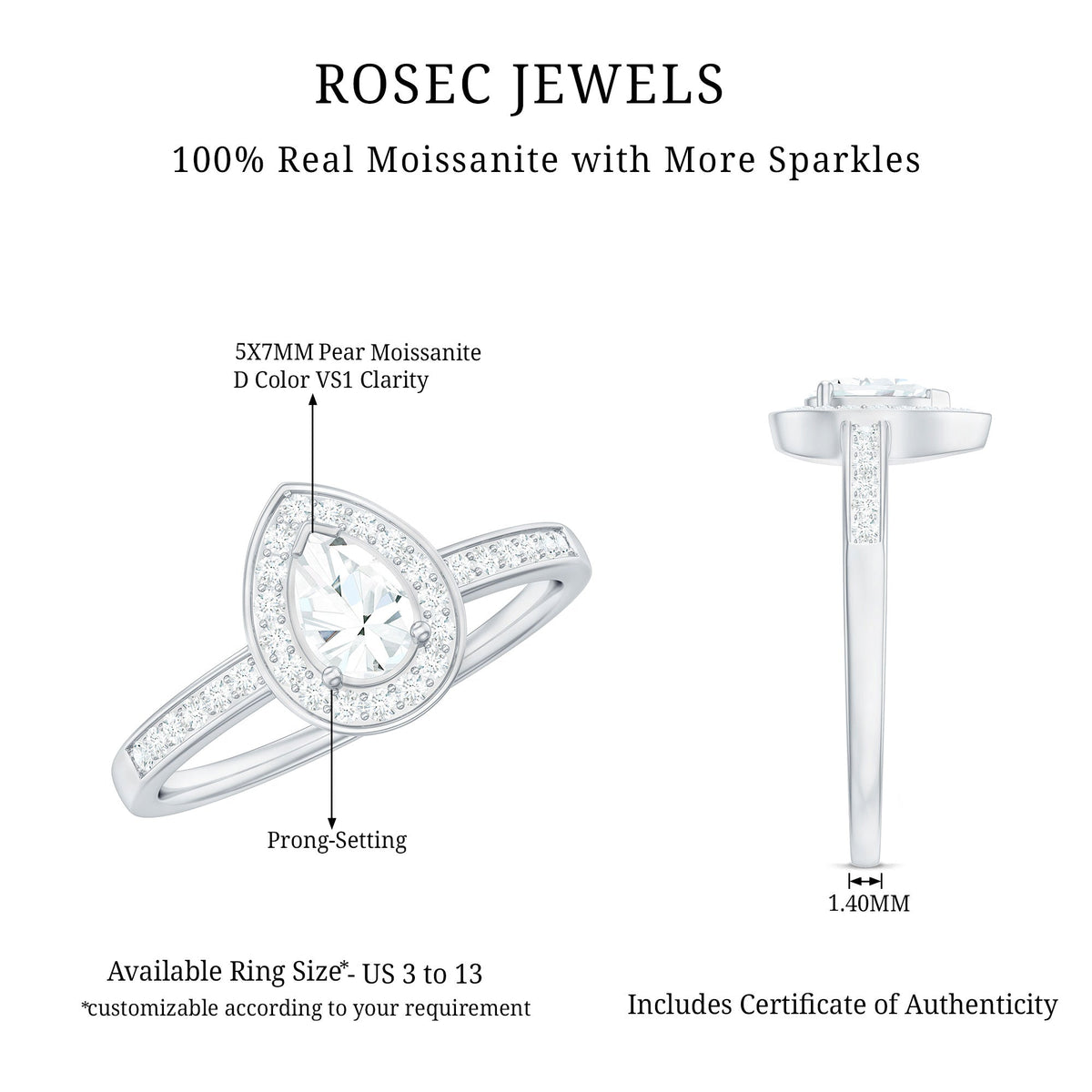 Rosec Jewels zircon teardrop halo engagement ring with sparkling center stone and intricate band design.
