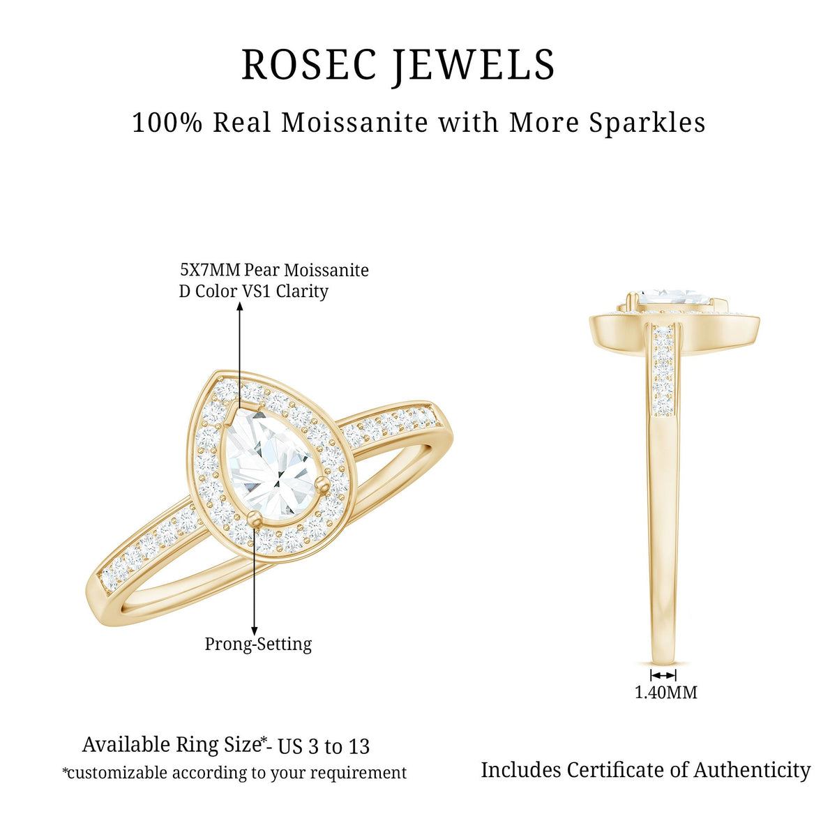 Rosec Jewels zircon teardrop halo engagement ring with sparkling center stone and intricate band design.