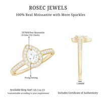 Rosec Jewels zircon teardrop halo engagement ring with sparkling center stone and intricate band design.