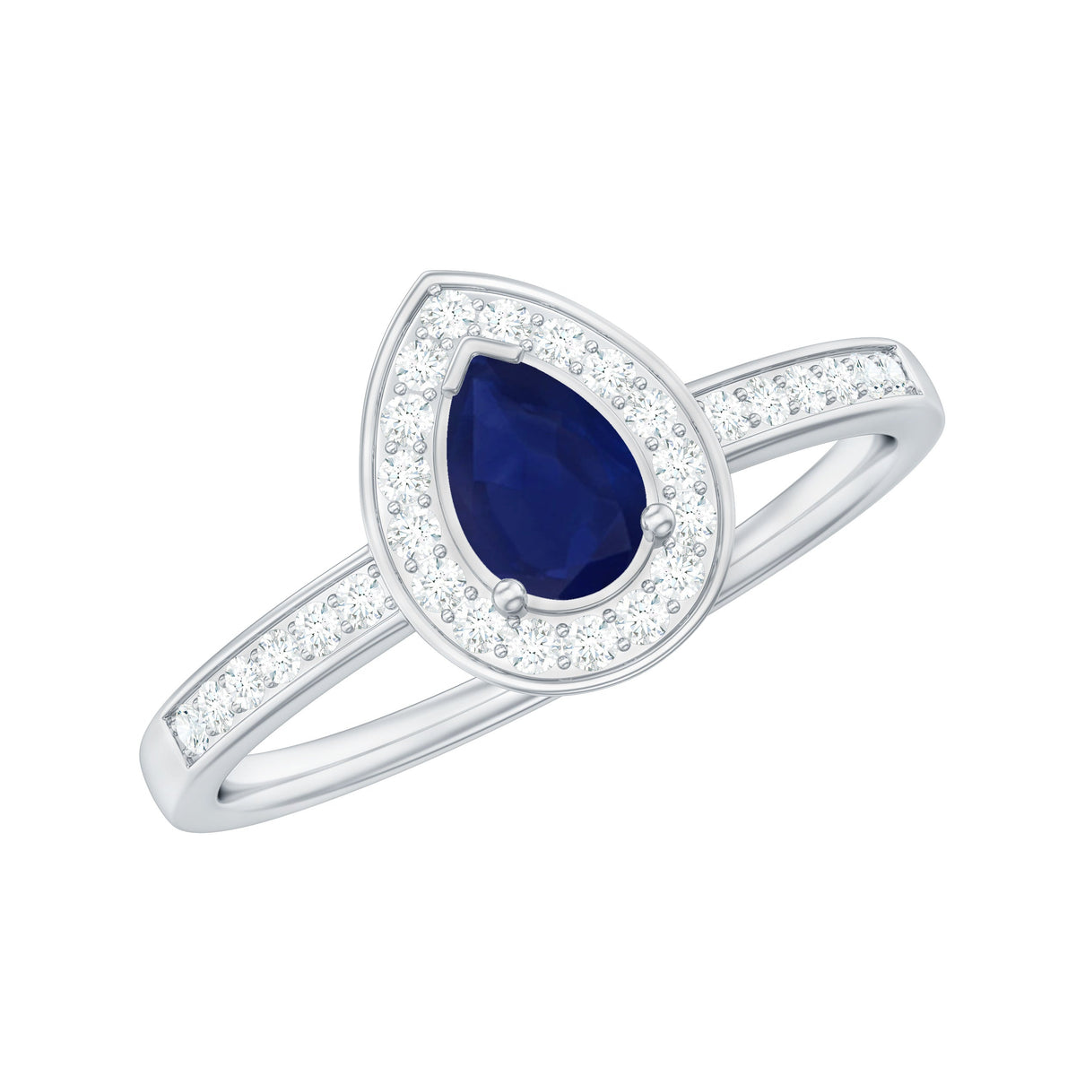 Genuine 0.5 carat blue sapphire and diamond pear halo engagement ring by Rosec Jewels, showcasing the detailed setting and elegant design.