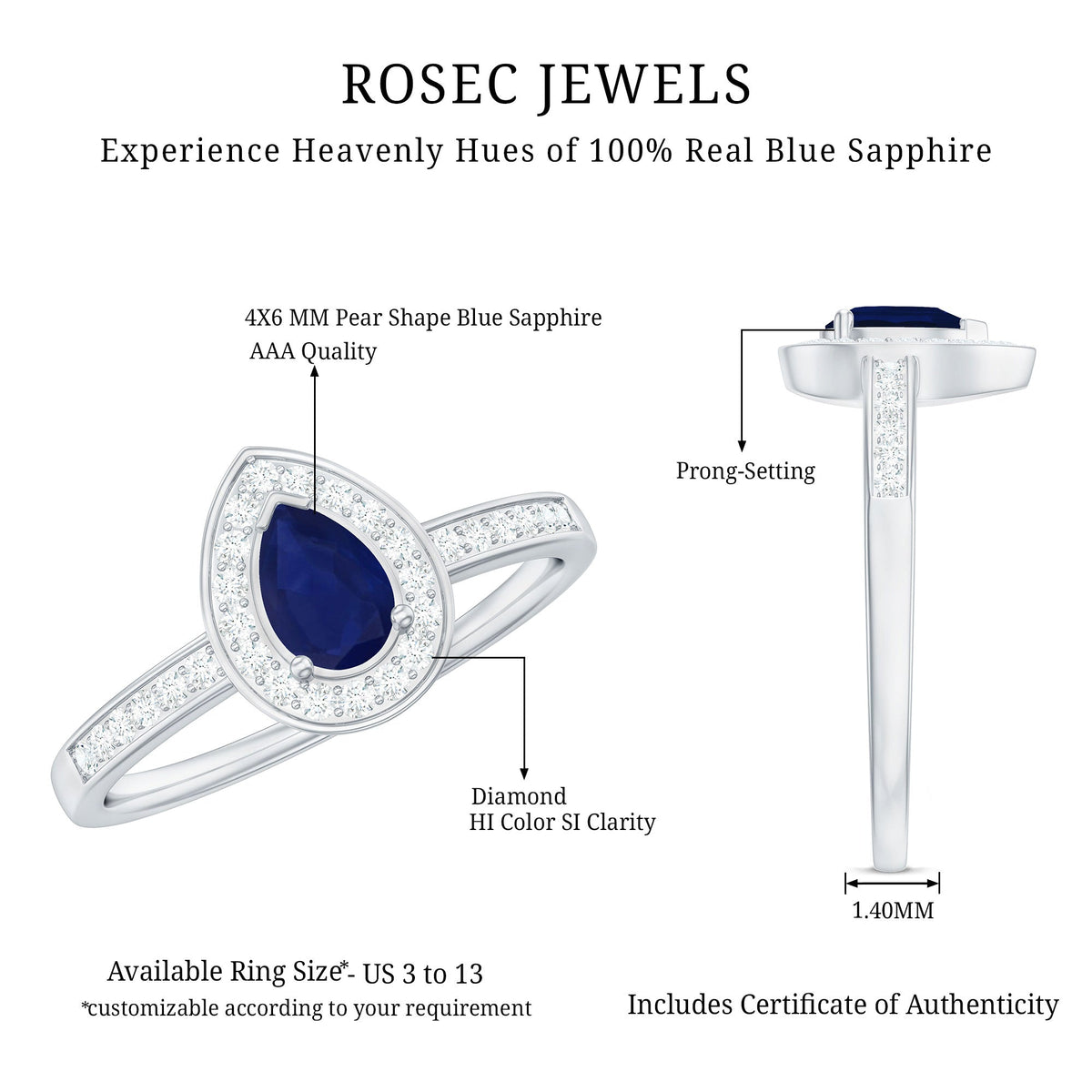 Genuine 0.5 carat blue sapphire and diamond pear halo engagement ring from Rosec Jewels, featuring a pear-shaped gemstone and sparkling diamonds.