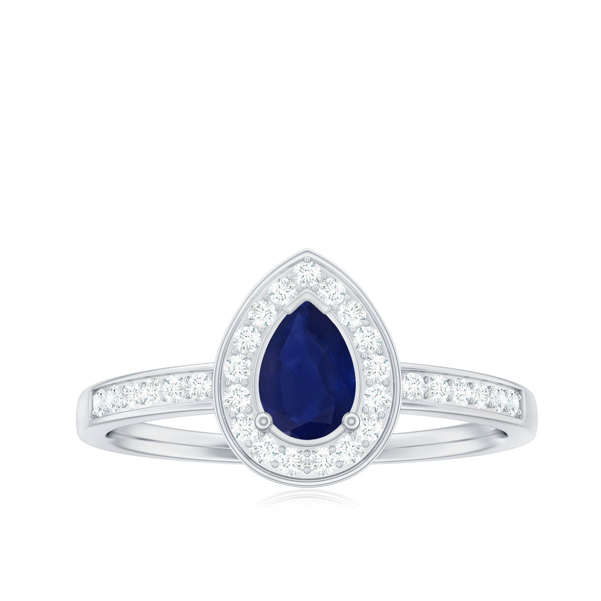 Genuine 0.5 carat blue sapphire and diamond pear halo engagement ring from Rosec Jewels showcasing a sparkling sapphire center and diamond accents.