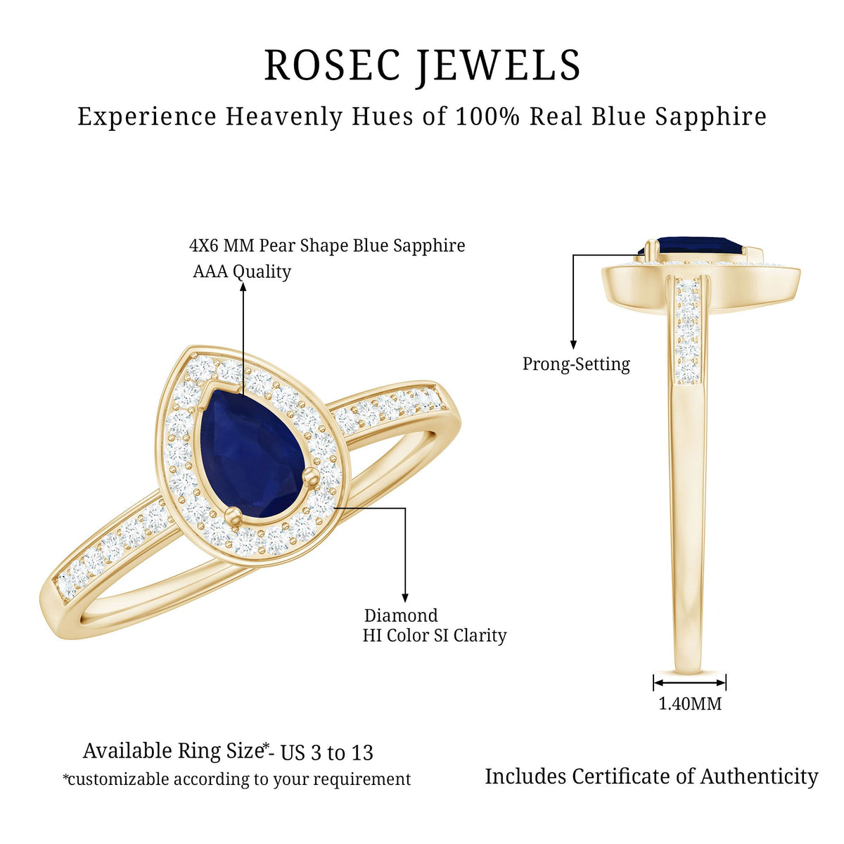 Genuine 0.5 carat blue sapphire and diamond pear halo engagement ring by Rosec Jewels, featuring a sterling silver band and intricate setting.