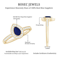 Genuine 0.5 carat blue sapphire and diamond pear halo engagement ring by Rosec Jewels, featuring a sterling silver band and intricate setting.