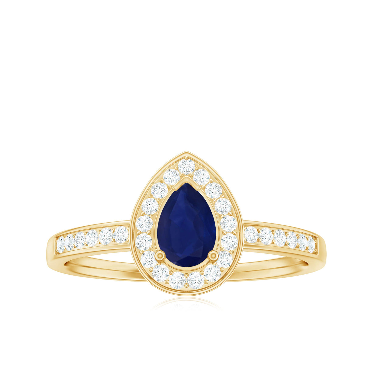 Genuine 0.5 carat blue sapphire and diamond pear halo engagement ring by Rosec Jewels, featuring a platinum band and intricate design.