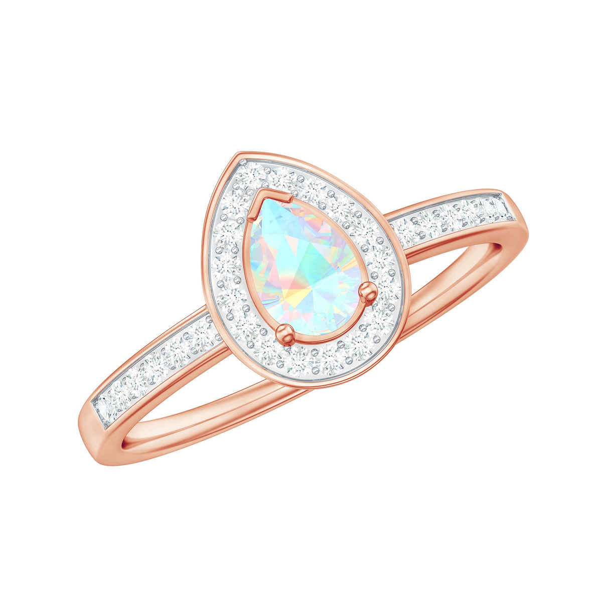 Natural 5x7mm opalescent teardrop engagement ring with diamond halo from Rosec Jewels, showcasing the elegant design and sparkling details.