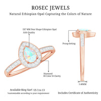 Natural 5x7mm opalescent teardrop engagement ring with diamond halo, showcasing a elegant design and sparkling gemstones.