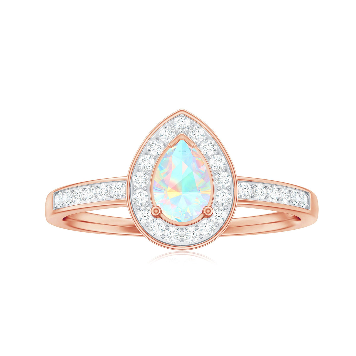 Natural 5x7mm opalescent teardrop engagement ring with diamond halo, showcasing a elegant design and sparkling accents.