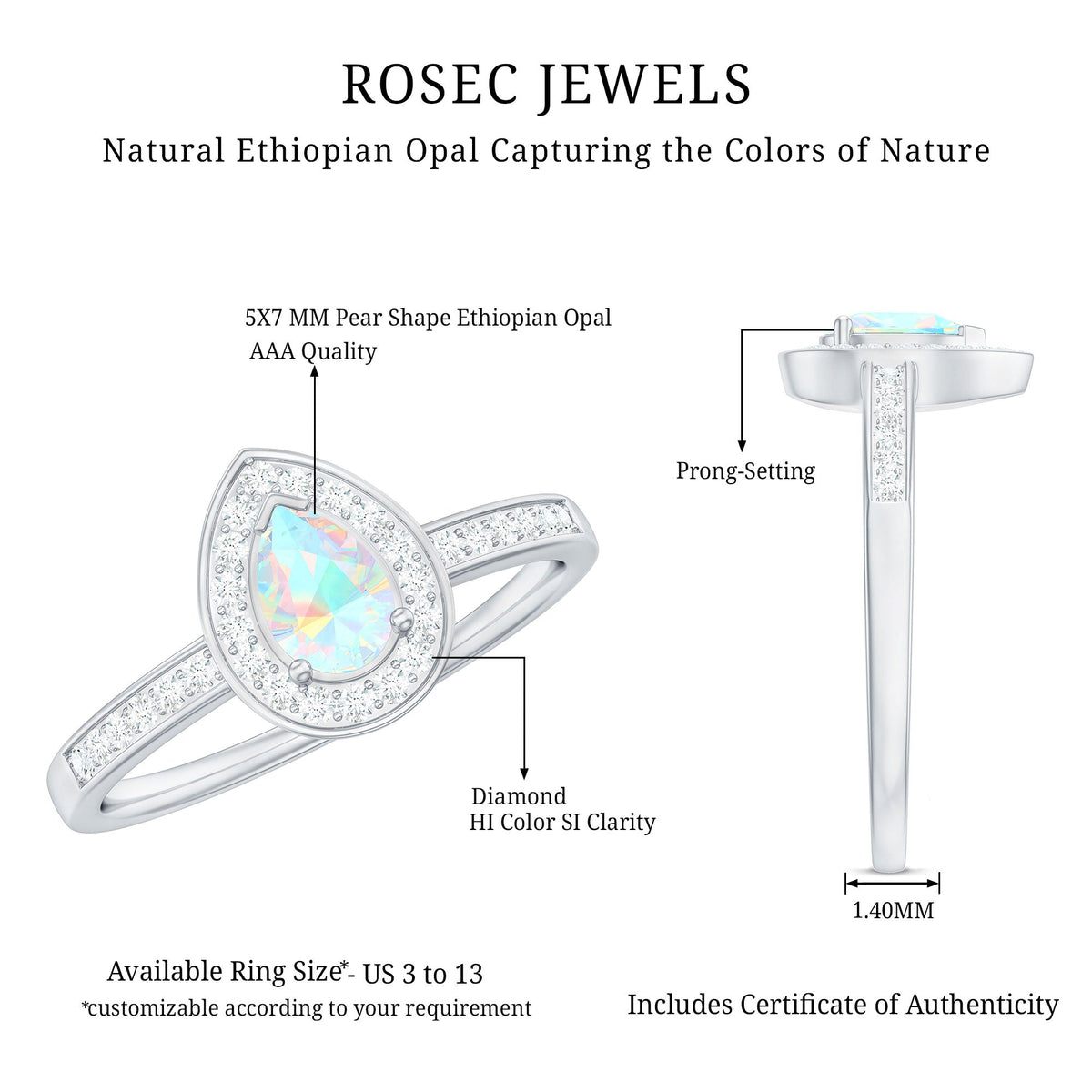 Natural 5x7mm opalescent teardrop engagement ring with diamond halo from Rosec Jewels, featuring a sparkling central stone and intricate band.