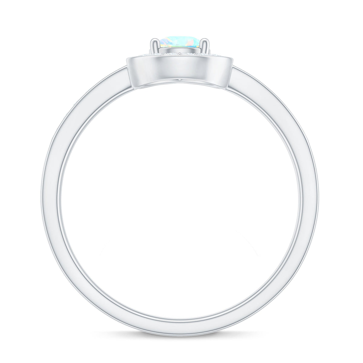 Natural 5x7mm opalescent teardrop engagement ring with diamond halo by Rosec Jewels, showcasing the elegant design and sparkling details.