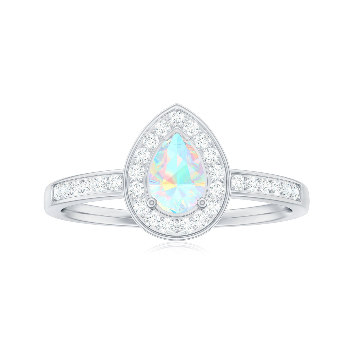 Natural 5x7mm opalescent teardrop engagement ring with diamond halo and rose gold band, showcasing elegant design and sparkling accents.