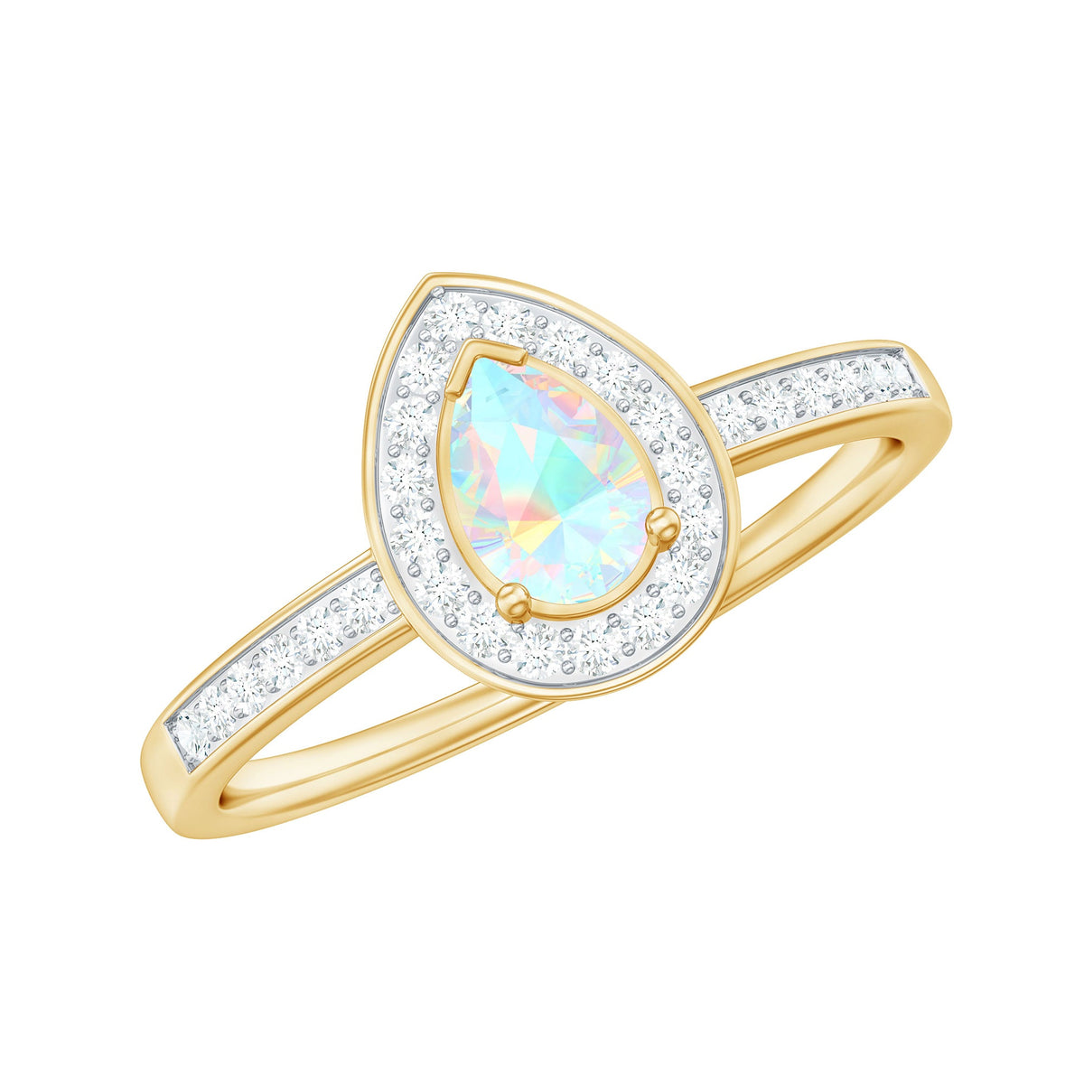 Natural 5x7mm opalescent teardrop engagement ring with diamond halo, featuring intricate detailing and elegant design.