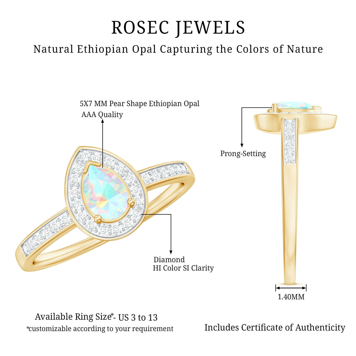 Natural 5x7mm opalescent teardrop engagement ring with diamond halo, featuring a delicate and elegant design by Rosec Jewels.