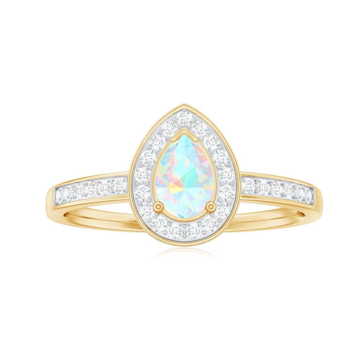 Natural 5x7mm opalescent teardrop engagement ring with diamond halo, featuring a Rosec Jewels design and elegant craftsmanship.