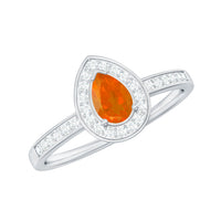 Rosec Jewels classic fire opal engagement ring with diamond halo, showcasing a vibrant orange fire opal center and sparkling diamond accents.
