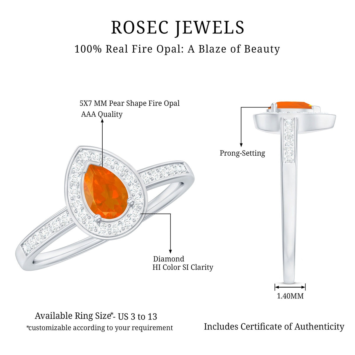 Classic fire opal engagement ring with diamond halo from Rosec Jewels, showcasing the vibrant orange fire opal and sparkling diamond accents.