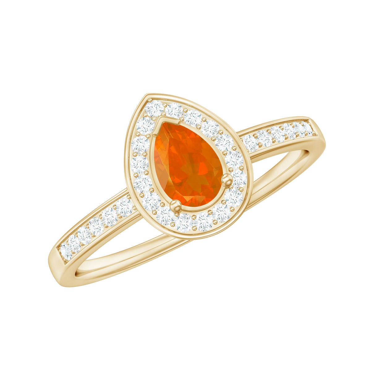 Rosec Jewels classic fire opal engagement ring with diamond halo, featuring a center fire opal surrounded by sparkling diamonds.