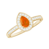 Rosec Jewels classic fire opal engagement ring with diamond halo, featuring a center fire opal surrounded by sparkling diamonds.