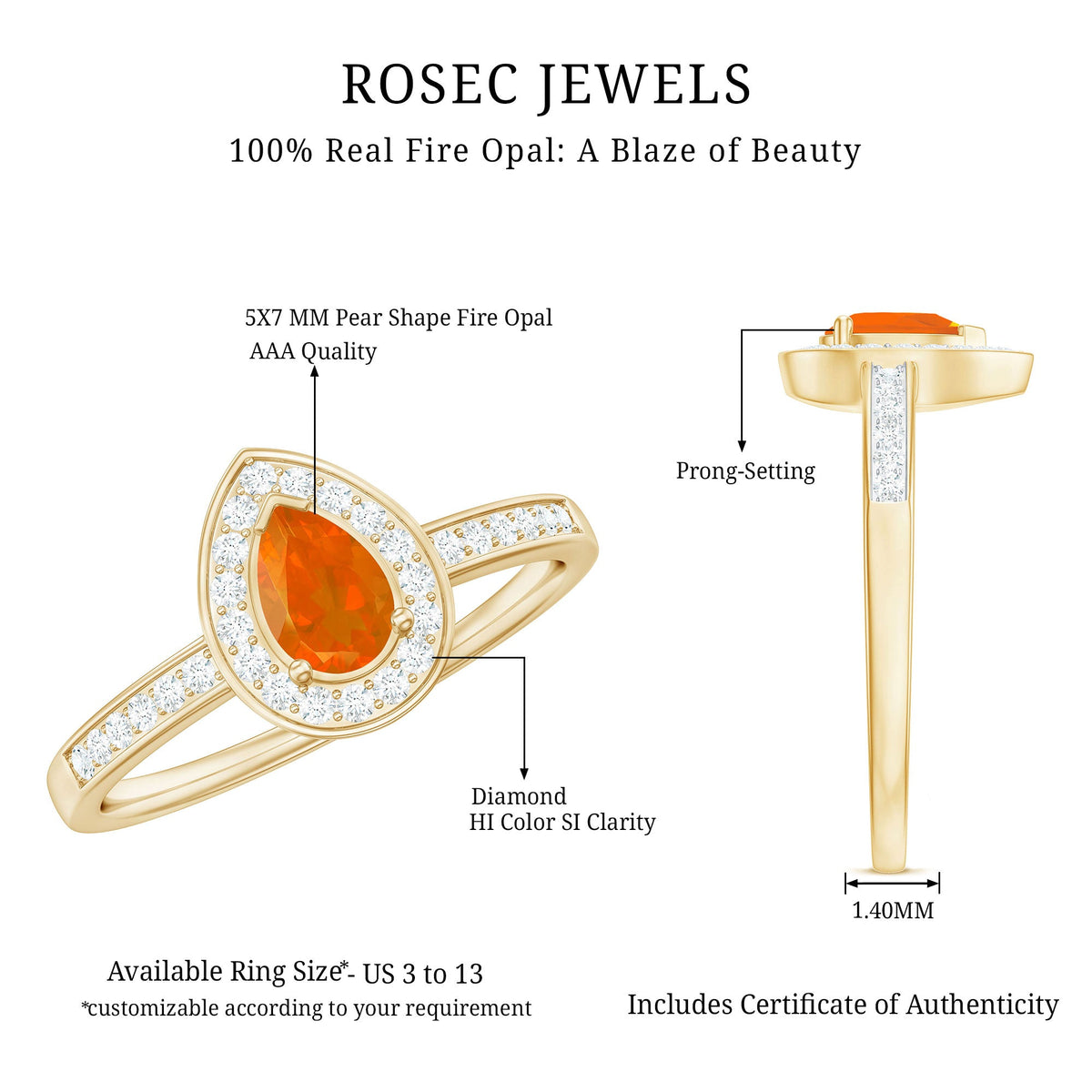 Classic fire opal engagement ring with diamond halo from Rosec Jewels, showcasing a central fiery opal surrounded by sparkling diamonds.