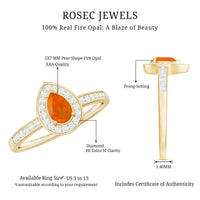 Classic fire opal engagement ring with diamond halo from Rosec Jewels, showcasing a central fiery opal surrounded by sparkling diamonds.
