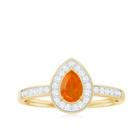 Rosec Jewels classic fire opal engagement ring with diamond halo, showcasing a vibrant orange fire opal center stone and sparkling diamond accents.