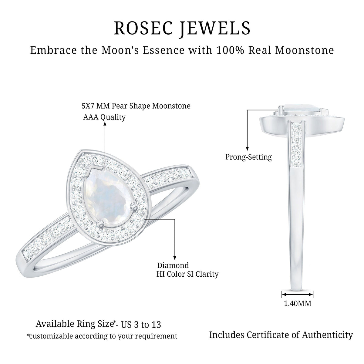 Rosec Jewels 1.25 CT moonstone and diamond halo engagement ring with intricate setting and elegant design.