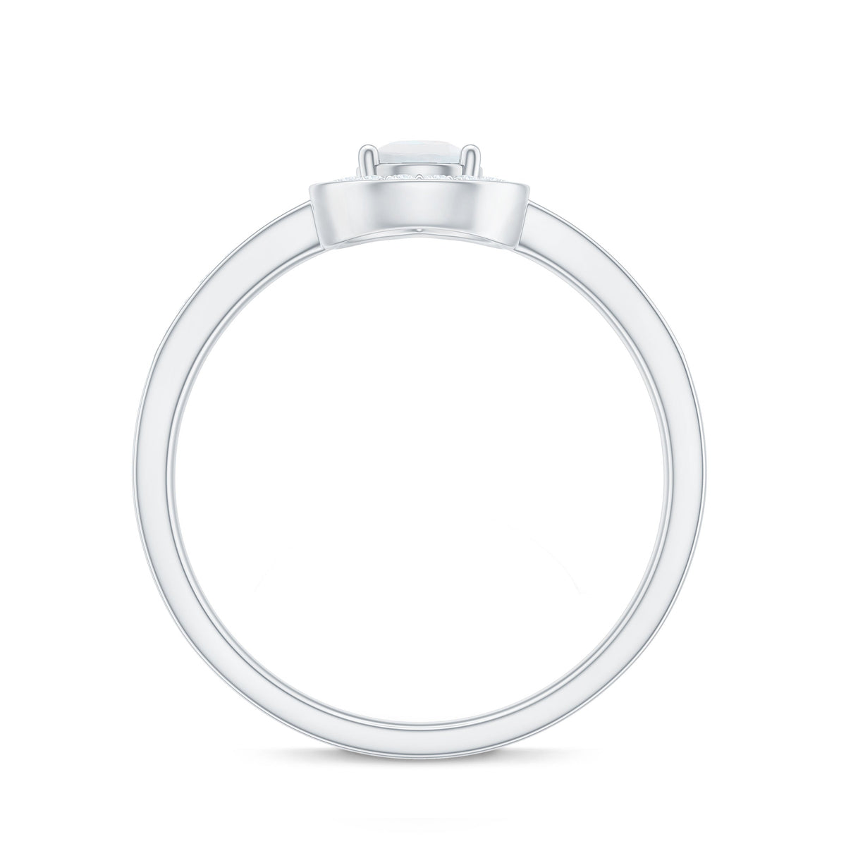 1.25 CT moonstone and diamond halo engagement ring by Rosec Jewels featuring a round moonstone center stone with diamond accents.