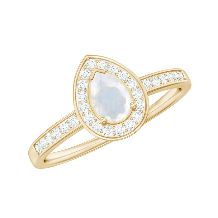 1.25 CT Moonstone and diamond halo engagement ring from Rosec Jewels featuring a central moonstone with a diamond halo setting.