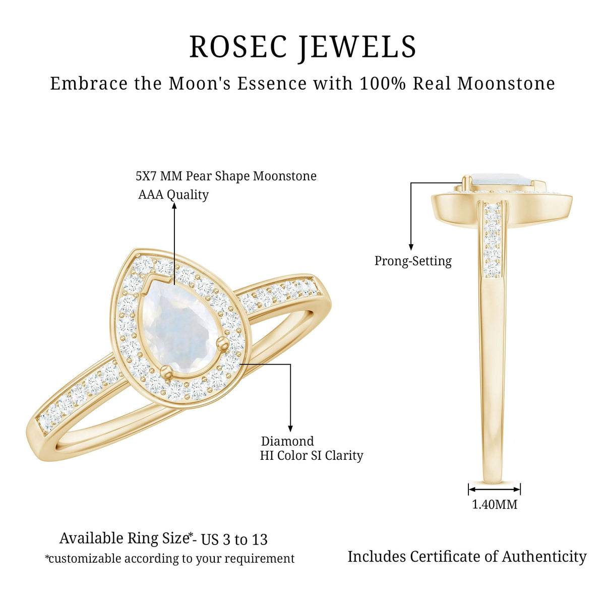 1.25 CT Moonstone and diamond halo engagement ring by Rosec Jewels featuring a central moonstone with surrounding diamonds.