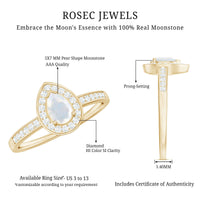 1.25 CT Moonstone and diamond halo engagement ring by Rosec Jewels featuring a central moonstone with surrounding diamonds.