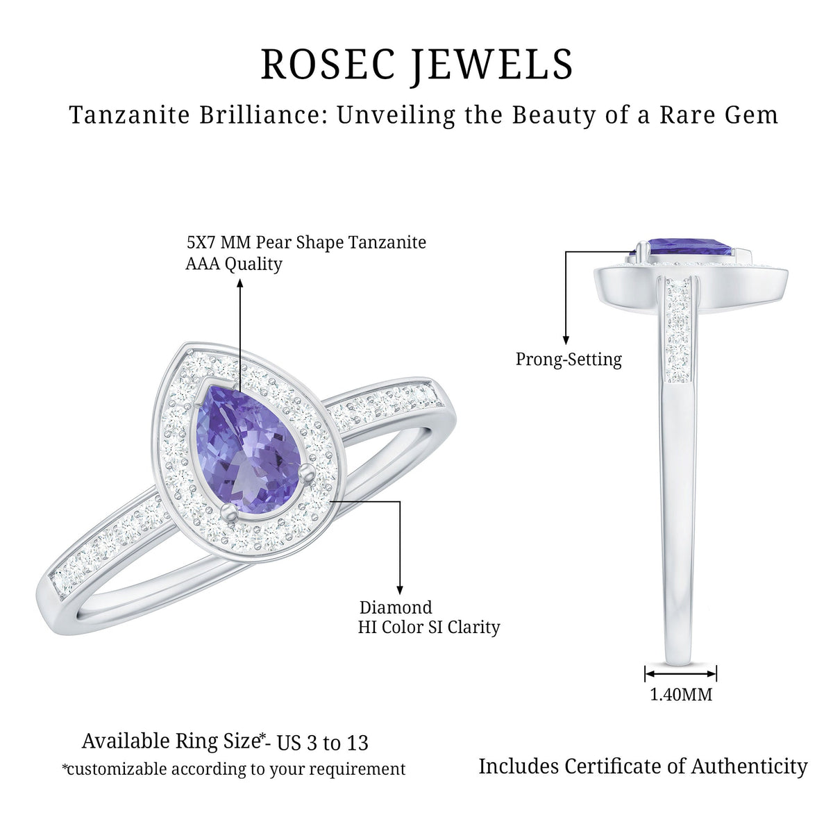 Natural Pear Cut Tanzanite engagement ring with diamond halo, showcasing a teardrop-shaped Tanzanite gemstone and sparkling diamond accents