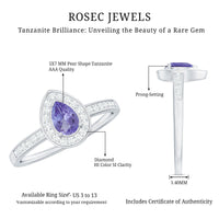 Natural Pear Cut Tanzanite engagement ring with diamond halo, showcasing a teardrop-shaped Tanzanite gemstone and sparkling diamond accents