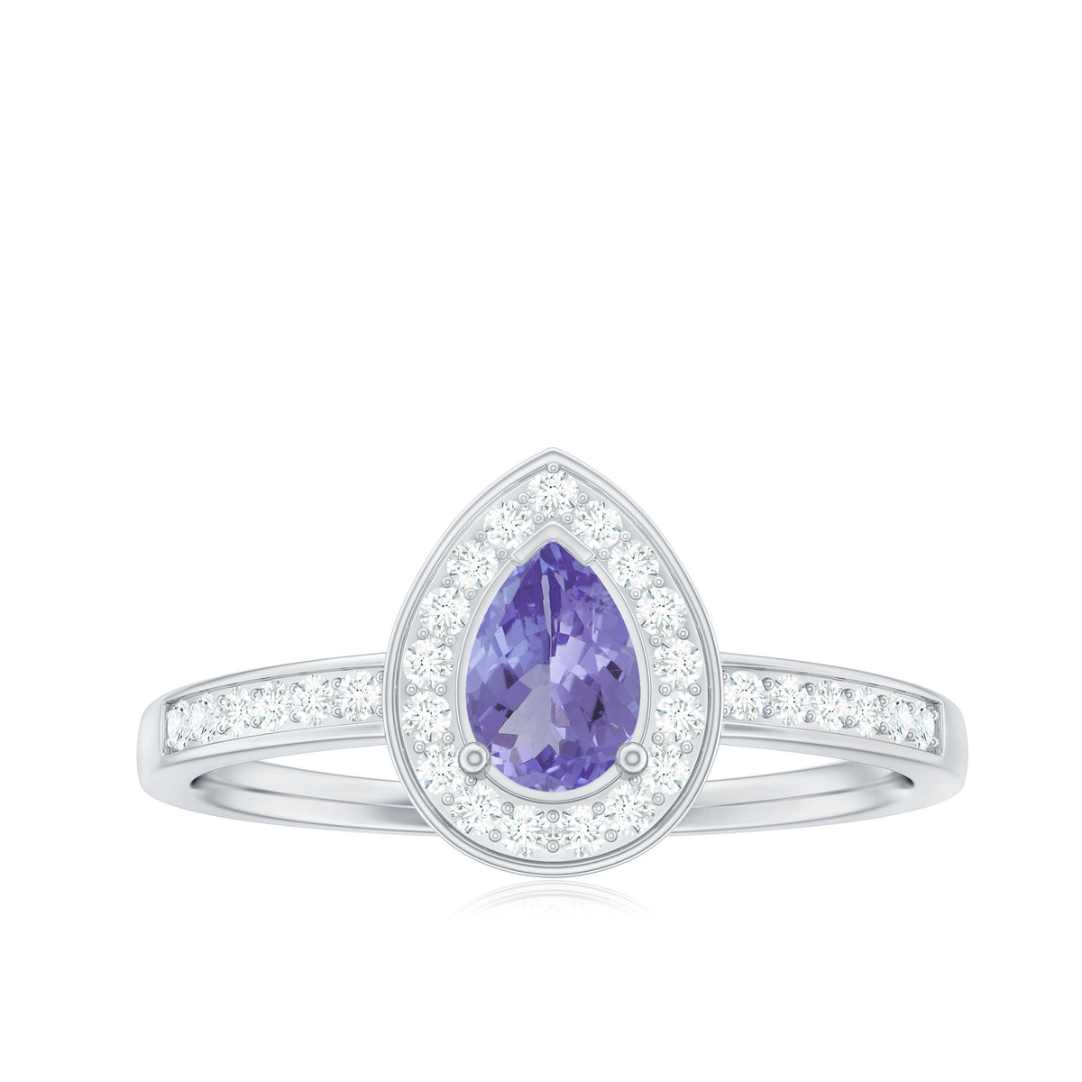 Natural pear-shaped tanzanite engagement ring with diamond halo, set in a Rosec Jewels rings design, featuring a silver band and elegant gemstone.