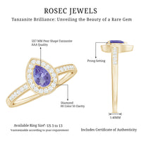 Natural pear-cut tanzanite engagement ring with diamond halo, featuring teardrop design and crafted by Rosec Jewels.