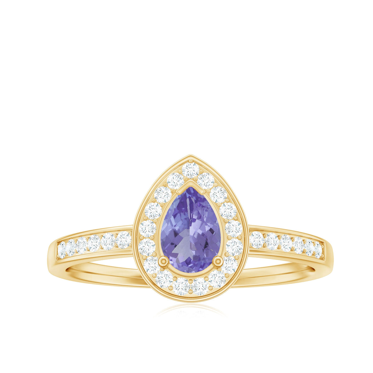 Natural Pear Cut Tanzanite engagement ring with diamond halo, sterling silver setting, featuring a teardrop-shaped purple gemstone.
