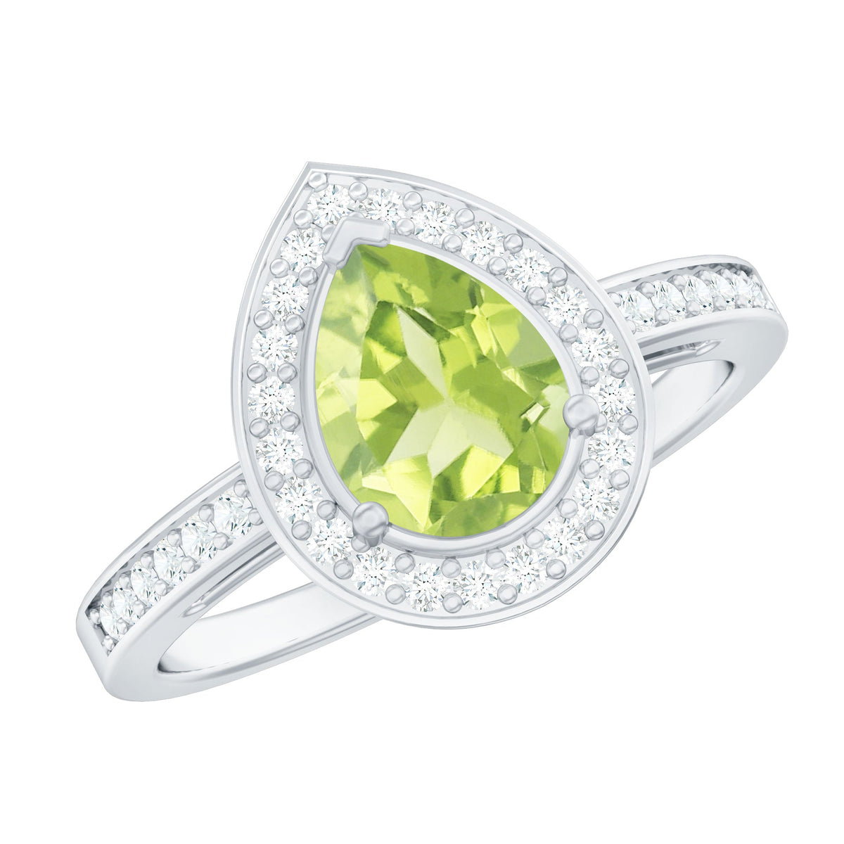 Natural 1 Carat Peridot teardrop engagement ring with diamond halo, featuring a rose gold band and intricate detailing.